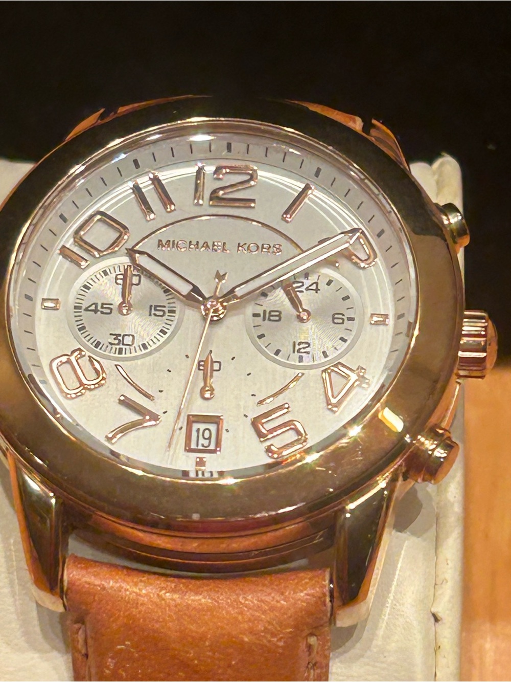 Michael Kors Rose Gold Tone Chronograph Watch with Brown Leather Strap